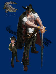 Rule 34 | 2boys, 3d, absurdres, ahoge, ammunition, animal, arm tattoo, bag, black headwear, blue background, bullet, cane, cartridge, chest tattoo, child, cho gum, commentary, commentary request, crocodile, crocodilian, english commentary, facial hair, full body, highres, holding, holding staff, jewelry, korean commentary, male focus, mature male, mixed-language commentary, multiple boys, muscular, muscular male, open clothes, open shirt, original, outstretched arms, plaid, plaid vest, reptile, ring, school bag, shell casing, short hair, staff, tattoo, vest, yellow eyes