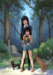 Rule 34 | 10s, 2girls, :d, animal, bare legs, behind another, black cat, black hair, black legwear, blazer, broom, brown footwear, bush, cat, chito (flying witch), closed mouth, collared shirt, dappled sunlight, dress shirt, flying witch, grass, green eyes, hand on another&#039;s arm, height difference, highres, holding, holding another&#039;s arm, holding broom, hug, hug from behind, jacket, kowata makoto, kuramoto chinatsu, legs apart, loafers, long hair, long sleeves, looking at viewer, miniskirt, multiple girls, necktie, open mouth, outdoors, overalls, pantyhose, pinakes, plaid, plaid skirt, pleated skirt, red necktie, revision, rock, school uniform, shade, shirt, shoes, skirt, smile, standing, sunlight, tree, twintails, white shirt, yellow footwear
