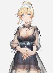 Rule 34 | 1girl, absurdres, black dress, blonde hair, blue eyes, breasts, cleavage, cowboy shot, dress, earrings, grey background, hair bun, highres, hololive, hololive english, interlocked fingers, jewelry, large breasts, long sleeves, looking at viewer, own hands together, parted lips, see-through, see-through dress, simple background, single hair bun, smile, solo, tefco, tiara, virtual youtuber, watson amelia, watson amelia (party dress)