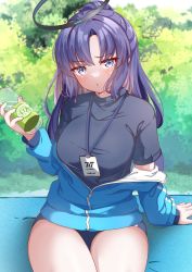 Rule 34 | 1girl, absurdres, black shirt, blue archive, blue buruma, blue eyes, blue jacket, blurry, blurry background, blush, bottle, breasts, buruma, closed mouth, commentary request, day, depth of field, halo, hand up, highres, holding, holding bottle, jacket, lanyard, long hair, long sleeves, looking at viewer, medium breasts, moyoron, off shoulder, open clothes, open jacket, outdoors, parted bangs, ponytail, puffy long sleeves, puffy sleeves, purple hair, shirt, short sleeves, sitting, sleeves past wrists, solo, sweat, track jacket, water bottle, yuuka (blue archive), yuuka (track) (blue archive)