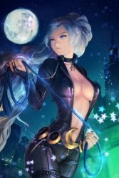 Rule 34 | 1girl, belt, blue eyes, blue hair, bodysuit, breasts, building, choker, city, collar, cowboy shot, devil maker, dutch angle, full moon, high ponytail, hyppolita, instant ip, large breasts, leash, long hair, looking at viewer, looking to the side, medium breasts, moon, navel, night, night sky, no bra, open bodysuit, open clothes, outdoors, ponytail, sky, solo, star (symbol), unzipped, very long hair, weapon, whip, zipper