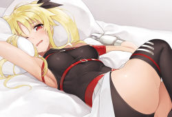 Rule 34 | 00s, 1girl, ;o, absurdres, ahoge, ameyame, arm strap, arm up, armor, armpits, ass, bare shoulders, bed, bed sheet, belt, belt bra, black ribbon, black thighhighs, blonde hair, blush, bodysuit, breasts, buckle, covered erect nipples, dutch angle, embarrassed, fate testarossa, from side, hair between eyes, hair ribbon, half-closed eyes, halterneck, hand up, highres, impossible clothes, impossible leotard, indoors, leotard, long hair, looking at viewer, lying, lyrical nanoha, magical girl, mahou shoujo lyrical nanoha, mahou shoujo lyrical nanoha strikers, metal gloves, miniskirt, on back, on bed, one eye closed, parted bangs, pillow, pleated skirt, raised eyebrows, red eyes, ribbon, shiny skin, showgirl skirt, sidelocks, skin tight, skindentation, skirt, solo, sweat, sweatdrop, taut clothes, tears, thighhighs, turtleneck, twintails, underbust, vambraces, wavy mouth, white skirt