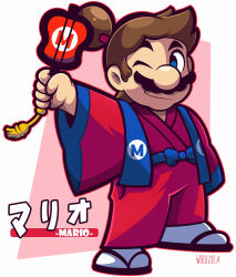 Rule 34 | 1boy, blue eyes, bow, chinese clothes, facial hair, flip-flops, highres, holding, male focus, mario, mario (series), mustache, nintendo, one eye closed, sandals, smile, solo, standing, woofzilla