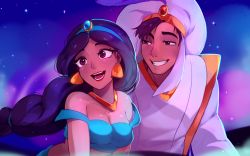 Rule 34 | 1boy, 1girl, :d, aladdin (character), aladdin (disney), arabian clothes, bare shoulders, benzbt, black hair, blouse, blue shirt, breasts, brown eyes, cleavage, commentary, dark-skinned female, dark-skinned male, dark skin, diadem, earrings, english commentary, grin, hat, highres, jasmine (disney), jewelry, lips, long hair, medium breasts, midriff, necklace, night, night sky, open mouth, outdoors, shirt, sky, smile, teeth, upper body
