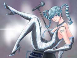 Rule 34 | 1girl, absurdly long hair, aqua eyes, aqua hair, aqua neckwear, artist name, artist request, bare shoulders, black footwear, black high heels, blue eyes, blue hair, blue neckwear, blush, bodysuit, breasts, collared shirt, cozy eleven, drill hair, earrings, elbow gloves, female focus, full body, gloves, hatsune miku, high heels, highres, jewelry, legs up, long hair, looking at viewer, medium breasts, microphone, microphone stand, parted lips, shirt, shoulder tattoo, sitting, smile, solo, tattoo, twintails, very long hair, vocaloid
