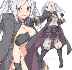 Rule 34 | 1girl, angry, black footwear, black gloves, blush, boots, breasts, cape, cleavage, commentary request, covering breasts, covering crotch, covering privates, eyes visible through hair, fire emblem, fire emblem awakening, fire emblem heroes, gloves, grima (fire emblem), hood, jacket, large breasts, long hair, long sleeves, looking at viewer, multiple views, naked cape, navel, nintendo, nude, parted bangs, red eyes, robin (female) (fire emblem), robin (fire emblem), shirt, shiseki hirame, simple background, skirt, teeth, translation request, twintails, white background, white legwear, white shirt