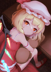 Rule 34 | 1girl, absurdres, alternate costume, arm cuffs, blonde hair, camisole, closed mouth, commentary, flandre scarlet, frilled camisole, frilled cuffs, frilled socks, frilled straps, frills, furrowed brow, g2 xpf, hat, hat ribbon, highres, holding, holding stuffed toy, looking at viewer, mary janes, mob cap, multicolored wings, orange hair, panties, panty peek, red camisole, red footwear, ribbon, shoes, short shorts, shorts, sitting, socks, stuffed toy, symbol-only commentary, table, touhou, underwear, white socks, wings, wooden table