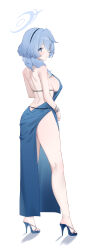 Rule 34 | 1girl, absurdres, ako (blue archive), ako (dress) (blue archive), ass, back, backless dress, backless outfit, blue archive, blue eyes, blue hair, breasts, butt crack, dongye1551, dress, from behind, full body, hairband, halo, high heels, highres, large breasts, looking at viewer, official alternate costume, side slit, sideboob, simple background, solo, standing, thighs, white background