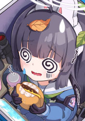 Rule 34 | 1girl, @ @, animal ears, arrow (symbol), binoculars, bird, black hair, blue archive, blue serafuku, blush, bolt action, burger, cameo, cheese, cup, disposable cup, drink, drinking straw, eating, english text, fake animal ears, food, from above, green neckerchief, gun, halo, henohenomoheji, hm (hmongt), holding, holding food, in container, leaf, leaf on head, looking at viewer, miyu (blue archive), mosin-nagant, neckerchief, pantyhose, rabbit ears, recycling symbol, red eyes, rifle, school uniform, sensei (blue archive), serafuku, simple background, solo, sparrow, squatting, tablet pc, tears, trapped, trash can, twig, twitter username, weapon, white background, white pantyhose