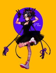 Rule 34 | 1other, androgynous, ankle boots, black choker, black dress, black gloves, boots, choker, double v, dress, flat chest, full body, gloves, hands up, heterochromia, highres, horns, long hair, looking at viewer, mismatched sclera, original, pigeon666, puffy short sleeves, puffy sleeves, purple eyes, purple hair, quad braids, short sleeves, smile, solo, star-shaped pupils, star (symbol), stitched arm, stitched face, stitched leg, stitches, symbol-shaped pupils, v, very long hair, white footwear, yellow eyes