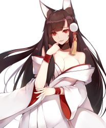 Rule 34 | 1girl, absurdres, akagi (azur lane), akagi (deep crimson poppy) (azur lane), animal ears, azur lane, ban bu bu duou, blunt bangs, blush, breasts, brown hair, cleavage, fox ears, hair ornament, hand up, highres, japanese clothes, large breasts, long hair, looking at viewer, official alternate costume, parted lips, red eyes, simple background, smile, solo, very long hair, white background, wide sleeves