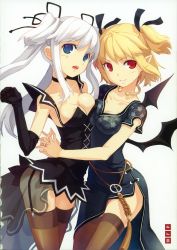 Rule 34 | 2girls, absurdres, arms around waist, bat wings, blonde hair, blue eyes, blush, breast clinging, breast press, breasts, china dress, chinese clothes, choker, cleavage, collarbone, cosplay, costume switch, demon girl, dress, elbow gloves, elf, evil grin, evil smile, female focus, garter belt, garter straps, gloves, grin, h2so4, hair ribbon, highres, hug, large breasts, long hair, looking at viewer, mabinogi, multiple girls, nao (mabinogi), naughty face, open mouth, pointy ears, red eyes, ribbon, see-through, short hair, shy, side slit, silver hair, smile, succubus (mabinogi), symmetrical docking, thighhighs, twintails, wings, yuri