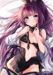 Rule 34 | 1girl, absurdres, azur lane, bare shoulders, black bra, black necktie, blue eyes, bra, breasts, chain, chain leash, collar, covering privates, covering breasts, groin, hair ribbon, highres, leash, long hair, looking at viewer, lying, medium breasts, necktie, on back, open clothes, open shirt, ponytail, purple hair, ribbon, ryara, shirt, solo, tashkent (azur lane), tashkent (the bound cruiser) (azur lane), thighhighs, torn clothes, torn thighhighs, underwear, very long hair, viewer holding leash, white shirt
