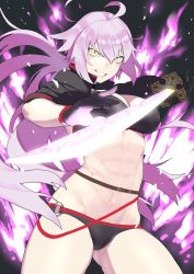 Rule 34 | 1girl, ahoge, bikini, black bikini, black choker, black gloves, black jacket, breasts, choker, cleavage, commentary request, cropped jacket, fate/grand order, fate (series), gloves, hair between eyes, highres, holding, holding sword, holding weapon, jacket, jeanne d&#039;arc alter (swimsuit berserker) (fate), jeanne d&#039;arc (fate), jeanne d&#039;arc alter (fate), jeanne d&#039;arc alter (swimsuit berserker) (fate), katana, large breasts, long hair, navel, o-ring, o-ring bikini, o-ring bottom, o-ring top, open mouth, shrug (clothing), silver hair, smile, solo, swimsuit, sword, two-cat-walk, weapon, yellow eyes