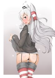 Rule 34 | 10s, 1girl, amatsukaze (kancolle), ass, black panties, blush, clothes lift, embarrassed, fang, garter straps, grey hair, highres, kantai collection, kokuto adk, long hair, panties, shirt lift, simple background, solo, thighhighs, thong, underwear