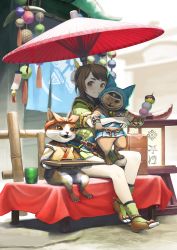 Rule 34 | 1girl, :t, animal, blurry, blurry background, blush, brown eyes, brown hair, closed mouth, clothed animal, commentary request, cup, dango, depth of field, felyne, food, green legwear, highres, holding, holding food, holding tray, hug, jchoy, looking at viewer, monster hunter (series), monster hunter rise, oil-paper umbrella, red umbrella, short eyebrows, sitting, smile, socks, thick eyebrows, tray, umbrella, wagashi, yomogi (monster hunter)