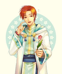 Rule 34 | 1boy, :d, akke, blush, brown hair, coat, fire emblem, fire emblem: path of radiance, flower, hair tubes, holding, holding flower, hood, hood down, hooded coat, long sleeves, looking at viewer, male focus, nintendo, open clothes, open coat, open mouth, pink flower, red eyes, rhys (fire emblem), short hair, smile, solo, tulip, white background, white coat