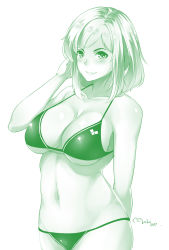 Rule 34 | absurdres, arm behind back, bikini, blush, breasts, green theme, highres, large breasts, looking at viewer, lulu-chan92, md5 mismatch, monochrome, original, resized, resolution mismatch, shirt, short hair, signature, smile, solo, source smaller, swimsuit, upscaled, white background