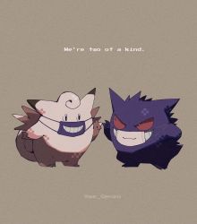 Rule 34 | black eyes, clefable, commentary request, creatures (company), eye contact, game freak, gen 1 pokemon, gengar, genzou (me genzo), grin, hand up, highres, looking at another, mask, mouth mask, nintendo, no humans, pokemon, pokemon (creature), smile, standing, teeth