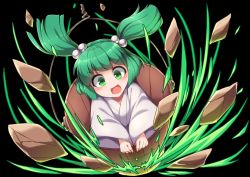 Rule 34 | 1girl, black background, blush, bucket, commentary request, debris, fun bo, green eyes, green hair, hair bobbles, hair ornament, japanese clothes, kimono, kisume, open mouth, rock, short hair, simple background, smile, solo, touhou, twintails, white kimono