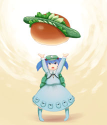 Rule 34 | 1girl, arms up, backpack, bag, blue hair, boots, bread, cucumber, dress, female focus, food, furim, gradient background, hair bobbles, hair ornament, hat, kawashiro nitori, key, lettuce, long sleeves, looking up, open hands, open mouth, oversized food, oversized object, pigeon-toed, pink eyes, pocket, rubber boots, sandwich, short hair, solo, strap, tongue, touhou, twintails