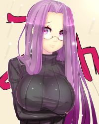Rule 34 | 1girl, bad id, bad pixiv id, breasts, fate/stay night, fate (series), glasses, impossible clothes, impossible sweater, large breasts, long hair, magister, medusa (fate), medusa (rider) (fate), official alternate costume, purple eyes, purple hair, ribbed sweater, solo, square pupils, sweater, turtleneck, very long hair