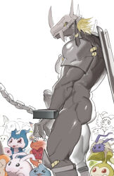 Rule 34 | 1boy, armor, ass, bara, bound, chain, character request, colored skin, cuffs, digimon, erection, fake horns, feet out of frame, from side, furry, furry male, girthy penis, grey skin, handcuffs, helmet, horned helmet, horns, large pectorals, luboyaqqz, male focus, muscular, muscular male, naked armor, pectorals, penis, short hair, solo, standing, thick thighs, thighs, uncensored