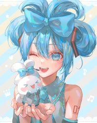 Rule 34 | &gt; &lt;, 1girl, 1other, :d, absurdres, alternate hairstyle, animal, aqua necktie, bare shoulders, black sleeves, blue background, blue bow, blue eyes, blue hair, blush, border, bow, cinnamiku, cinnamoroll, collared shirt, cosplay, crossover, detached sleeves, ear bow, gradient background, grey background, grey shirt, hair bow, hair ornament, hair rings, hatsune miku, hatsune miku (cosplay), headset, highres, holding, holding animal, kinakomocci518, lace, lace border, looking at viewer, musical note, necktie, number tattoo, one eye closed, open mouth, ornate border, sanrio, shirt, short hair, sleeveless, sleeveless shirt, smile, striped, striped background, tattoo, updo, upper body, vocaloid, yellow background