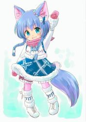 Rule 34 | 1girl, :d, animal ears, arm up, blue eyes, blue hair, boots, braid, fur-trimmed boots, fur trim, koyomi (shironeko project), minami kawa, mittens, open mouth, shirokami project, smile, tail, twin braids, winter clothes, wolf ears, wolf tail