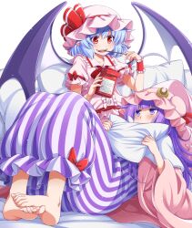 Rule 34 | 2girls, barefoot, bat wings, blue hair, blunt bangs, blush, bow, bright pupils, center frills, collar, commentary request, crescent, crescent hat ornament, dress, eating, eichi yuu, fang, feet, food, food in mouth, frilled collar, frilled cuffs, frills, full body, hair between eyes, hat, hat ornament, hat ribbon, holding, holding food, holding pillow, holding pocky, hugging object, knees up, lap pillow, long hair, looking at another, looking up, lying, mob cap, multiple girls, on back, on bed, open mouth, patchouli knowledge, pillow, pillow hug, pink collar, pink headwear, pink shirt, pocky, pocky in mouth, puffy short sleeves, puffy sleeves, purple dress, purple eyes, purple hair, red bow, red eyes, red ribbon, red wrist cuffs, remilia scarlet, ribbon, shirt, short hair, short sleeves, simple background, sitting, smile, striped clothes, striped dress, teeth, toenails, toes, touhou, vampire, white background, white dress, wings, wrist cuffs