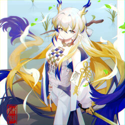 Rule 34 | 1girl, arknights, bare shoulders, blonde hair, blue hair, blue horns, closed mouth, colored tips, commentary request, cowboy shot, dragon girl, dragon horns, dragon tail, earrings, expressionless, eyeliner, grey eyes, hair ornament, hair stick, highres, holding, horns, jacket, jewelry, long hair, long sleeves, looking at viewer, makeup, multicolored hair, off shoulder, pants, pointy ears, red eyeliner, shirt, shu (arknights), shui mu mu shan, solo, strapless, strapless shirt, tail, tassel, tassel earrings, very long hair, white hair, white jacket, white pants