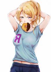 Rule 34 | 10s, 1girl, adjusting hair, arms behind head, ayase eli, blonde hair, blue eyes, blue shirt, breasts, doughnut, food, food in mouth, highres, lilylion26, looking at viewer, love live!, love live! school idol festival, love live! school idol project, medium breasts, midriff, mouth hold, navel, parted bangs, shirt, short sleeves, simple background, solo, t-shirt, tying hair, white background