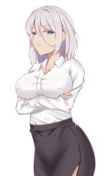 Rule 34 | 1girl, absurdres, azur lane, blue eyes, breasts, breasts squeezed together, collared shirt, covered erect nipples, crossed arms, hair between eyes, highres, large breasts, looking at viewer, parted lips, pencil skirt, shirt, short hair, side slit, silver hair, simple background, skirt, solo, standing, staring, tagme, tastysalt, tirpitz (azur lane), white shirt