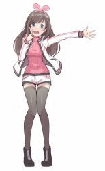Rule 34 | 1girl, :d, alternate costume, ankle boots, aqua eyes, black footwear, black thighhighs, blush, boots, breasts, brown hair, finger to cheek, hair ribbon, highres, ina (gokihoihoi), jacket, kizuna ai, kizuna ai inc., long hair, long sleeves, medium breasts, open clothes, open jacket, open mouth, outstretched arm, pigeon-toed, pink hair, pink ribbon, pink sweater, ribbon, short shorts, shorts, smile, solo, sweater, swept bangs, thigh gap, thighhighs, two side up, unbuttoned, very long hair, virtual youtuber, white jacket, white shorts