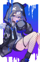 Rule 34 | 1girl, :p, amane kanata, angel wings, animal ears, black choker, black footwear, black jacket, black shorts, candy, choker, commentary, crossed bangs, english commentary, fake animal ears, feathered wings, fishnet pantyhose, fishnets, food, hair between eyes, hairpin, highres, holding, holding candy, holding food, holding lollipop, hololive, hood, hood up, jacket, lollipop, long hair, looking at viewer, multiple hairpins, pantyhose, purple eyes, shirt, shorts, sitting, solo, tongue, tongue out, virtual youtuber, white hair, white shirt, white wings, wings, xyunx