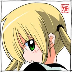 Rule 34 | &gt;:o, 1girl, :o, black border, blonde hair, blush, border, from side, green eyes, hayate no gotoku!, long hair, looking to the side, lowres, open mouth, profile, sanzen&#039;in nagi, simple background, solo, twintails, upper body, v-shaped eyebrows, white background