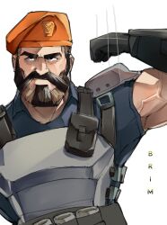 Rule 34 | 1boy, beard, biceps, brimstone (valorant), brown hair, bulletproof vest, enero (lewishamada), facial hair, flexing, frown, hair slicked back, highres, looking at viewer, male focus, mature male, military, muscular, muscular male, mustache, short hair, solo, thick eyebrows, two-tone beard, upper body, valorant, veins, veiny arms, white background