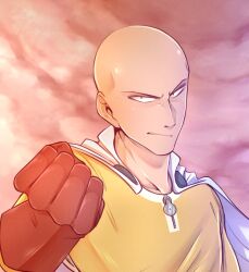 Rule 34 | 1boy, bald, black eyes, bodysuit, cape, clenched hand, closed mouth, commentary, english commentary, gloves, kyosein, male focus, one-punch man, outdoors, red gloves, saitama (one-punch man), smile, solo, white cape, yellow bodysuit