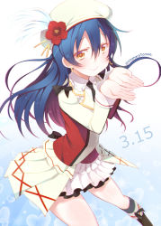 Rule 34 | 1girl, artist name, artist request, black neckwear, blue hair, blush, boots, collared shirt, earrings, feathers, female focus, flower, frilled shirt collar, frills, hair between eyes, hat, jewelry, kitahara tomoe (kitahara koubou), long hair, looking at viewer, love live!, love live! school idol project, parted lips, red flower, shirt, shoes, skirt, smile, solo, sonoda umi, sore wa bokutachi no kiseki, white feathers, white skirt, yellow eyes