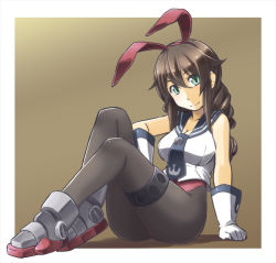 Rule 34 | 1girl, adapted costume, alto-00, anchor symbol, animal ears, black necktie, black pantyhose, black sailor collar, braid, breasts, brown background, brown hair, cleavage, fake animal ears, full body, gloves, gradient background, green eyes, kantai collection, leotard, looking at viewer, necktie, noshiro (kancolle), pantyhose, playboy bunny, rabbit ears, rabbit girl, red leotard, sailor collar, solo, swept bangs, twin braids, white gloves
