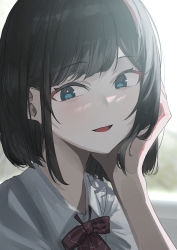 Rule 34 | 1girl, 38 (sanjuuhachi), absurdres, black hair, blue eyes, blurry, blurry background, blush, bow, bowtie, collared shirt, commentary request, day, hand up, highres, looking at viewer, original, parted lips, portrait, red bow, red bowtie, shirt, short hair, smile, solo, white shirt