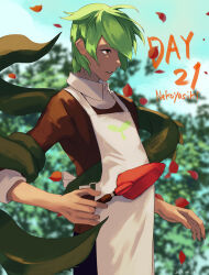 Rule 34 | 1boy, apron, brown eyes, brown shirt, buttons, collared shirt, commentary, cookie run, day, dress shirt, flower, food, green hair, herb cookie, highres, holding, humanization, leaf, leaf print, male focus, nekoyasiki33, parted lips, personification, shirt, short hair, smile, solo, teeth, upper body, white apron