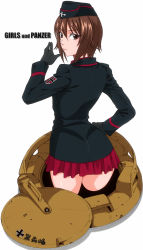 Rule 34 | 10s, 1girl, back, bad id, bad pixiv id, black gloves, black jacket, brown eyes, brown hair, copyright name, from behind, garrison cap, girls und panzer, gloves, hand on own hip, hanzaki jirou, hat, insignia, jacket, long sleeves, looking at viewer, looking back, military, military uniform, military vehicle, miniskirt, motor vehicle, nishizumi maho, pleated skirt, red skirt, school uniform, short hair, skirt, solo, tank, thighhighs, uniform, vehicle, white background, zettai ryouiki