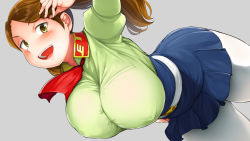 Rule 34 | 10s, 1girl, bad id, bad pixiv id, blush, breasts, brown eyes, brown hair, covered erect nipples, curvy, gundam, gundam build fighters, gundam build fighters try, high-waist skirt, kumaneko, large breasts, looking at viewer, open mouth, plump, sazaki kaoruko, skirt, smile, solo, thick thighs, thighs, twintails, wide hips