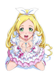 Rule 34 | 10s, 1girl, blonde hair, cupping hands, cure rhythm, dress, eyelashes, face, from above, green eyes, long hair, looking at viewer, looking up, magical girl, minamino kanade, open mouth, oral invitation, own hands together, perspective, pov, precure, sexually suggestive, shin (sin-maniax), solo, suite precure, teeth, thighs, tongue, tongue out