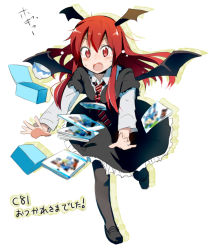 Rule 34 | 1girl, bat wings, black pantyhose, blush, bowl, box, demon wings, dress shirt, dropping, embodiment of scarlet devil, fang, female focus, full body, gotyou, head wings, koakuma, long hair, manga (object), mary janes, necktie, open mouth, pantyhose, red eyes, red hair, shirt, shoes, simple background, skirt, skirt set, solo, striped necktie, striped neckwear, touhou, tripping, very long hair, vest, wings
