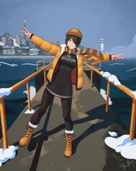 Rule 34 | 1girl, absurdres, beanie, black hair, black pants, black sweater, blue sky, chainsaw man, commentary, dock, double v, down jacket, dress, english commentary, fur-trimmed footwear, fur trim, hair over one eye, hat, highres, jacket, lem, lighthouse, looking at viewer, pants, parted lips, reze (chainsaw man), russian text, short hair, sky, smile, solo, standing, standing on one leg, sweater, sweater dress, translated, v, yellow eyes, yellow hat, yellow jacket