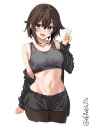 Rule 34 | 1girl, alternate costume, artist name, bare shoulders, black hair, black jacket, black leggings, blush, breasts, collarbone, commentary request, cowboy shot, ebifurya, grey eyes, hair between eyes, hayasui (kancolle), highres, jacket, kantai collection, leggings, long sleeves, looking at viewer, medium breasts, medium hair, navel, one-hour drawing challenge, open clothes, open jacket, open mouth, shorts, simple background, smile, solo, sports bra, sportswear, twitter username, v, white background