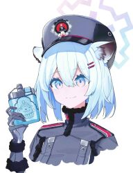 Rule 34 | 1girl, animal ear fluff, animal ears, ayatama, blue archive, epaulettes, flask, fur-trimmed gloves, fur trim, gloves, grey gloves, grey hat, hair between eyes, hair ornament, hairclip, halo, hat, hip flask, holding, holding flask, light green hair, military, military hat, military uniform, multicolored eyes, pink eyes, shigure (blue archive), short hair, simple background, solo, uniform, weasel ears, weasel girl, white background