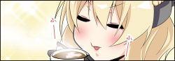 Rule 34 | 1girl, black gloves, blonde hair, blush, coffee, colorado (kancolle), cup, closed eyes, gloves, hair between eyes, headgear, holding, holding cup, kanade (kanadeya), kantai collection, open mouth, short hair, solo, sparkle, sparkle background, steam